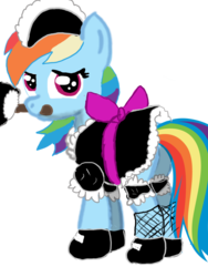 Size: 700x929 | Tagged: safe, artist:catititax, rainbow dash, pegasus, pony, g4, clothes, duster, female, fishnet stockings, maid, mare, mouth hold, simple background, transparent background