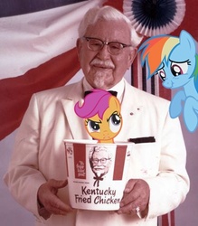 Size: 376x430 | Tagged: safe, artist:normanb88, edit, rainbow dash, scootaloo, chicken, human, pegasus, pony, g4, bucket, bucket of chicken, colonel sanders, irl, kfc, meme, photo, ponies in real life, scootachicken, scootaloo is not amused, unamused
