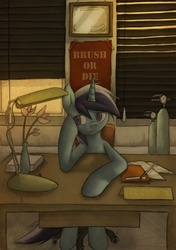 Size: 1058x1500 | Tagged: dead source, safe, artist:lonelycross, minuette, pony, unicorn, g4, bored, dentist, dentist's office, doctor, name tag, office