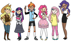 Size: 512x320 | Tagged: safe, artist:hospitalvespers, artist:playbunny, edit, applejack, fluttershy, pinkie pie, rainbow dash, rarity, twilight sparkle, human, g4, alternate hairstyle, apple, book, clothes, dark skin, dress, food, glasses, hand on hip, hands behind back, humanized, light skin, mane six, peace sign, simple background, skirt, sweatershy, white background