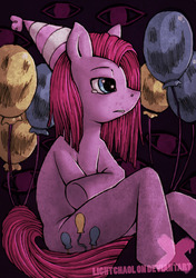 Size: 2440x3473 | Tagged: dead source, safe, artist:lonelycross, pinkie pie, g4, balloon, creepy, crying, hat, high res, party hat, pinkamena diane pie