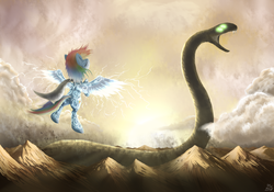 Size: 2850x2000 | Tagged: dead source, safe, artist:mlpanon, rainbow dash, pegasus, pony, snake, fanfic:it's a dangerous business going out your door, g4, archback mountains, fanfic, female, flying, four eyes, glowing, glowing eyes, high res, mare, mountain, runes, world snake