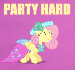 Size: 645x600 | Tagged: safe, fluttershy, pegasus, pony, a canterlot wedding, g4, alternate hairstyle, animated, bouncing, bridesmaid dress, bridesmaid fluttershy, clothes, cute, dress, eyes closed, female, flutterbeautiful, grin, happy, mare, party hard, pink background, simple background, smiling, solo