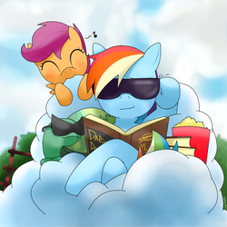 Size: 1040x1040 | Tagged: safe, artist:hoyeechun, daring do, rainbow dash, scootaloo, tank, pegasus, pony, tortoise, g4, blushing, book, cloud, cloudy, cute, cutealoo, eyes closed, female, filly, foal, mare, music notes, nom, on a cloud, popcorn, reading, sunglasses, swag