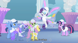 Size: 640x355 | Tagged: safe, screencap, blueberry punch, blues, merry may, noteworthy, parasol, rainbowshine, rarity, twilight sparkle, pegasus, unicorn, g4, sonic rainboom (episode), artificial wings, augmented, magic, magic wings, wings, youtube caption