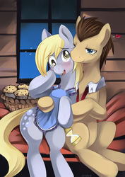 Size: 650x919 | Tagged: safe, artist:ende26, derpy hooves, doctor whooves, time turner, earth pony, pegasus, pony, g4, blushing, female, male, mare, muffin, ship:doctorderpy, shipping, stallion, straight