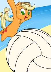 Size: 2480x3507 | Tagged: safe, artist:fearingfun, applejack, earth pony, pony, g4, beach, cute, female, high res, jackabetes, mare, open mouth, open smile, smiling, volleyball