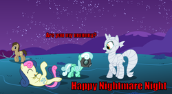 Size: 900x494 | Tagged: safe, artist:baka-neku, bon bon, doctor whooves, lyra heartstrings, sweetie drops, time turner, oc, oc:sweet song, earth pony, pegasus, pony, unicorn, g4, bon bon is amused, doctor who, eyes closed, female, gas mask, laughing, lesbian, lying down, magical lesbian spawn, mummy, nightmare night, offspring, on back, open mouth, parent:bon bon, parent:lyra heartstrings, parents:lyrabon, pun, reference, ship:lyrabon, shipping, the empty child