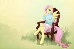 Size: 1200x800 | Tagged: safe, artist:cosmicunicorn, fluttershy, pegasus, anthro, unguligrade anthro, g4, chair, clothes, cottagecore, crossed legs, female, grass, mare, skirt, solo, sweater, tea, teacup, turtleneck
