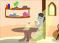 Size: 1852x1349 | Tagged: safe, artist:erthilo, octavia melody, earth pony, pony, g4, cello, chair, crepuscular rays, female, mare, musical instrument, sitting, solo, sunshine, tea