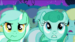 Size: 330x185 | Tagged: safe, screencap, cloud kicker, lemon hearts, lyra heartstrings, parasol, sassaflash, spring melody, sprinkle medley, earth pony, pegasus, pony, unicorn, g4, suited for success, animated, camera pan, disgusted, ei, female, hub logo, male, reaction image, varying degrees of do not want