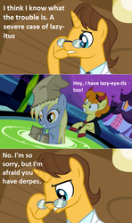 Size: 640x1082 | Tagged: safe, edit, edited screencap, screencap, carrot top, derpy hooves, doctor horse, doctor stable, golden harvest, pegasus, pony, unicorn, g4, luna eclipsed, read it and weep, calibri, comic, derpes, female, glasses, male, mare, pun, screencap comic, stallion