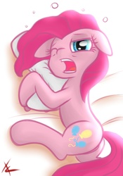 Size: 800x1144 | Tagged: safe, artist:crade, pinkie pie, earth pony, pony, g4, bed, bed mane, butt, female, mare, morning ponies, pillow, plot, sleepy, solo