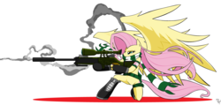 Size: 5112x2432 | Tagged: safe, artist:amostheartman, fluttershy, pegasus, pony, g4, clothes, female, flutterbadass, gun, hooves, mare, optical sight, rifle, robot chicken, scarf, signature, simple background, smoke, sniper, sniper rifle, snipershy, solo, spread wings, weapon, white background, wings