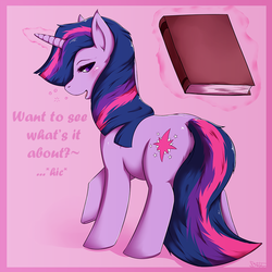 Size: 900x900 | Tagged: safe, artist:blackkaries, twilight sparkle, pony, unicorn, g4, bedroom eyes, blushing, book, dialogue, drunk, drunk twilight, female, glowing horn, horn, levitation, looking at you, looking back, looking back at you, magic, mare, open mouth, raised hoof, solo, telekinesis, unicorn twilight