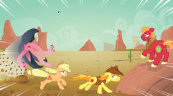 Size: 4062x2259 | Tagged: safe, artist:icaron, applejack, big macintosh, braeburn, earth pony, pony, g4, butt, crossover, graboid, male, plot, show accurate, stallion, tentacle tongue, tentacles, this will end in death, this will end in tears, this will end in tears and/or death, tremors