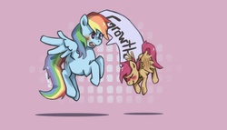 Size: 1050x600 | Tagged: safe, artist:purplelemons, rainbow dash, scootaloo, pegasus, pony, g4, duo, female, filly, flying, foal, mare, scootaloo can fly, speech bubble