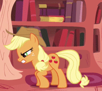 Size: 200x178 | Tagged: safe, screencap, applejack, earth pony, pony, g4, look before you sleep, season 1, animated, female, gif, gif for breezies, golden oaks library, loop, lowres, mare, offscreen character, picture for breezies, pillow, pillow fight, solo