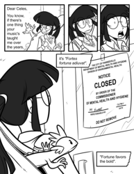 Size: 1280x1657 | Tagged: dead source, safe, artist:megasweet, spike, twilight sparkle, human, lizard, reptile, g4, canter girls, comic, glasses, humanized, monochrome