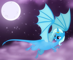 Size: 1750x1450 | Tagged: safe, artist:elsdrake, trixie, dracony, dragon, hybrid, g4, dragonified, female, horn, horn ring, moon, solo, species swap, trixiedragon