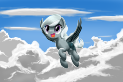 Size: 3000x2000 | Tagged: safe, artist:mykegreywolf, silverspeed, pegasus, pony, g4, cloud, cloudy, female, flying, high res, mare, open mouth, sky, smiling, solo, spread wings, wings