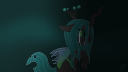 Size: 1600x900 | Tagged: safe, artist:muzza299, queen chrysalis, changeling, changeling queen, nymph, g4, crown, duo, female, jewelry, regalia, sad, transparent wings, wings