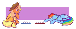 Size: 1676x636 | Tagged: safe, artist:tigs, applejack, rainbow dash, earth pony, pegasus, pony, g4, board game, duo, female, game, guess who, lying down, mare, profile, prone