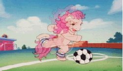 Size: 300x176 | Tagged: safe, screencap, patch (g1), earth pony, pony, g1, my little pony tales, angry, animated, bipedal, female, football, kicking, solo, sports