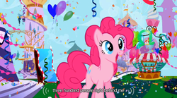 Size: 640x355 | Tagged: safe, screencap, pinkie pie, earth pony, pony, g4, the ticket master, balloon, canterlot, castle, confetti, excited, female, mirror, party, smoothie, solo, stand, tower, youtube caption