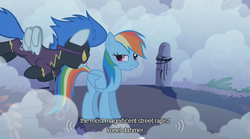 Size: 640x355 | Tagged: safe, screencap, nightshade, rainbow dash, g4, clothes, costume, shadowbolts, shadowbolts costume, youtube caption