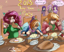 Size: 1938x1600 | Tagged: safe, artist:sundown, applejack, fluttershy, pinkie pie, rainbow dash, rarity, twilight sparkle, human, g4, eating, eating contest, horn, horned humanization, humanized, indoors, new year, stuffing, winged humanization