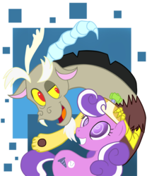 Size: 747x900 | Tagged: safe, artist:cris-uchiha, discord, screwball, draconequus, earth pony, pony, g4, based on song and pmv, cute, cuteball, daddy discord, discute, duo, hat, propeller hat, smiling, swirly eyes