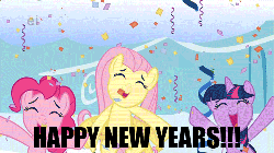 Size: 500x281 | Tagged: safe, edit, edited screencap, screencap, fluttershy, pinkie pie, twilight sparkle, g4, season 1, sonic rainboom (episode), animated, cheering, confetti, eyes closed, female, happy, happy new year, image macro, jumping, meme, new year, open mouth, smiling, spread wings