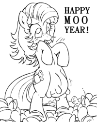 Size: 800x1000 | Tagged: safe, artist:p.chronos, oc, oc only, oc:milky way, pony, bipedal, blushing, female, happy new year, mare, monochrome, nudity, poison joke, pun, solo, sweatdrop, tumblr, udder, wrong udders