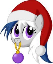 Size: 695x830 | Tagged: safe, artist:quarium, oc, oc only, oc:evermore, pony, christmas, hat, head, mouth hold, ornament, santa hat, simple background, solo, transparent background