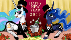 Size: 1500x844 | Tagged: safe, artist:johnjoseco, princess celestia, princess luna, g4, 2013, clothes, happy new year, hat, new year, sisters, top hat, tuxedo