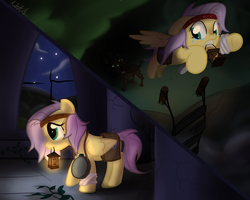 Size: 1000x800 | Tagged: safe, artist:mattatatta, fluttershy, timber wolf, survivor shy, g4, castle, castle of the royal pony sisters, crying, everfree forest, lantern