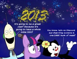 Size: 3288x2517 | Tagged: safe, artist:abigail m., twilight sparkle, g4, 2013, animaniacs, crossover, dot warner, happy new year, male, ogo, robot and monster