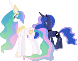 Size: 6290x4900 | Tagged: safe, artist:90sigma, princess celestia, princess luna, alicorn, pony, g4, absurd resolution, butt, duo, duo female, female, jewelry, mare, plot, regalia, royal sisters, siblings, simple background, sisters, transparent background, vector