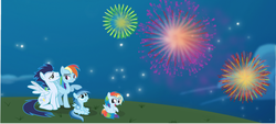 Size: 900x406 | Tagged: safe, artist:selecteddash, rainbow dash, soarin', oc, oc:ragtag, oc:shooting star, g4, 2013, fireworks, happy new year, offspring, parent:rainbow dash, parent:soarin', parents:soarindash, ship:soarindash, shipping