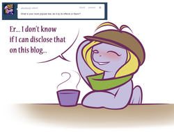 Size: 1000x764 | Tagged: safe, artist:cobaltsnow, lily blossom, tumblr:lily blossom answers, g4, ask, clothes, hat, scarf, tea