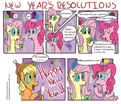 Size: 1024x885 | Tagged: safe, artist:mrfizzyu, applejack, fluttershy, pinkie pie, earth pony, pegasus, pony, g4, alcohol, balloon, champagne, comic, cup, cupcake, new year, new year's resolution, party, wine