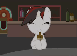 Size: 544x399 | Tagged: safe, artist:inlucidreverie, oc, oc only, oc:blackjack, pony, unicorn, fallout equestria, fallout equestria: project horizons, alcohol, animated, bar, bottle, colored sclera, fanfic, fanfic art, female, filly, foal, gif, hooves, horn, milkshake, queen whiskey, small horn, solo, underaged drinking, whiskey, yellow sclera