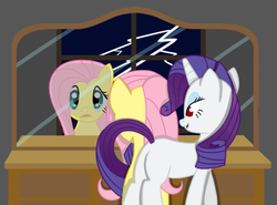 Size: 674x499 | Tagged: safe, artist:scootscoots, fluttershy, rarity, vampire, g4, blank flank, mirror