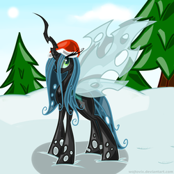 Size: 3000x3000 | Tagged: safe, artist:wojtovix, queen chrysalis, changeling, changeling queen, g4, female, hat, santa hat, snow, tree