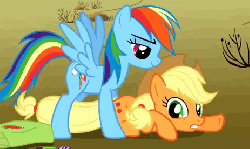 Size: 463x277 | Tagged: safe, screencap, applejack, rainbow dash, g4, the last roundup, animated, bedroom eyes, female, out of context, vibrating