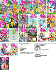 Size: 1000x1310 | Tagged: safe, idw, angel bunny, apple bloom, applejack, derpy hooves, dj pon-3, doctor whooves, fluttershy, gummy, hoity toity, opalescence, owlowiscious, pinkie pie, princess celestia, princess luna, rainbow dash, rarity, scootaloo, spike, spitfire, sweetie belle, tank, time turner, twilight sparkle, vinyl scratch, zecora, earth pony, pony, g4, covers, text