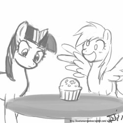 Size: 800x800 | Tagged: safe, artist:johnjoseco, derpy hooves, twilight sparkle, pegasus, pony, unicorn, g4, female, grayscale, happy, mare, monochrome, muffin, open mouth, signature, simple background, spread wings, table, unicorn twilight, white background, wings