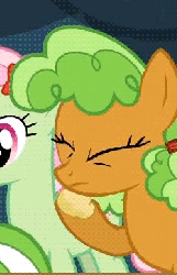 Size: 251x388 | Tagged: safe, screencap, apple brown betty, florina tart, earth pony, pony, apple family reunion, g4, animated, apple family member, apple fritter (food), chewing, eating, nom