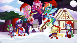 Size: 1920x1080 | Tagged: safe, artist:reikomuffin, applejack, fluttershy, pinkie pie, rainbow dash, rarity, spike, twilight sparkle, g4, christmas, clothes, hat, mane seven, santa hat, scarf, snow